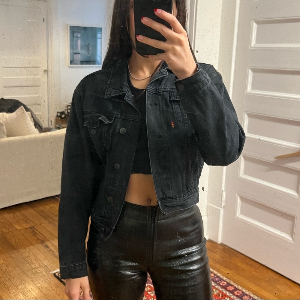 Cropped black denim jacket